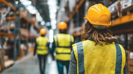 Team of workers in a factory or warehouse handling manufacturing and logistics managed by a safety conscious individual