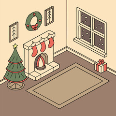 Cozy Family Celebrating Christmas Eve by the Fireplace — Warm Living Room Vector Illustration with Christmas Tree and Gifts