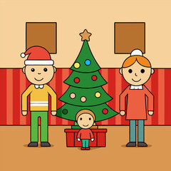 Happy Family Celebrating Christmas in a Cozy Living Room — Festive Cartoon Illustration with Christmas Tree and Gifts