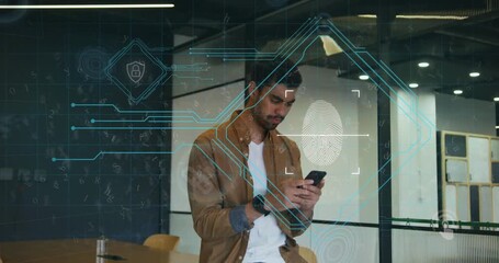 Tech engineer tapping smartphone initiating animated fingerprint scan with padlock icon for access - Powered by Adobe