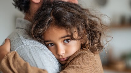 Intimate image of a supportive father comforting his distressed young Arab daughter at home showcasing parental love in the kitchen