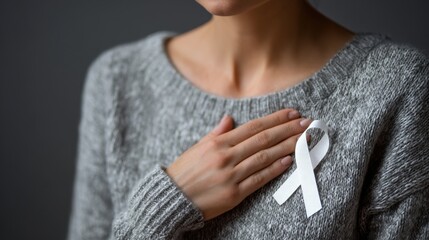 November is Lung Cancer Awareness Month a woman with chest pain and a white ribbon symbolizing healthcare and World Cancer Day