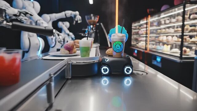 Futuristic cafe showcasing an automated food service system with a robotic arm preparing an order for a small delivery robot