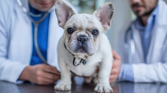 A purebred French Bulldog is being assessed by two veterinarians in a clinic showcasing veterinary care