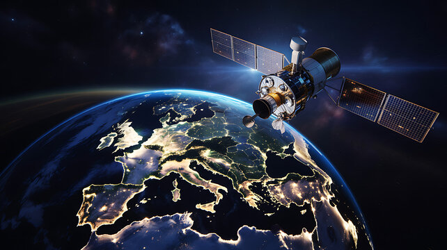 Satellite orbiting the earth at night, showing illuminated continents and city lights