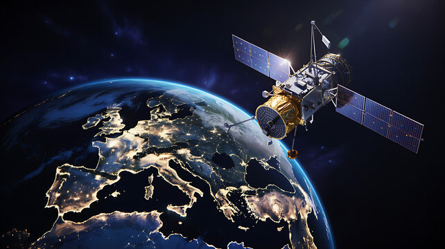 Satellite orbiting earth, showing continents and city lights at night