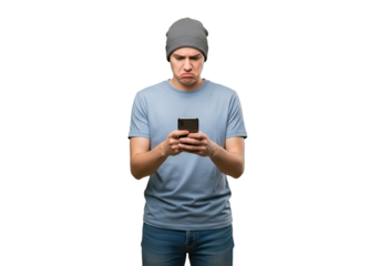 Disappointed Young Man Using Smartphone with Upset Facial Expression Isolated on Transparent Background Wearing a Beanie Hat Mobile Technology Disappointment Negative Emotions