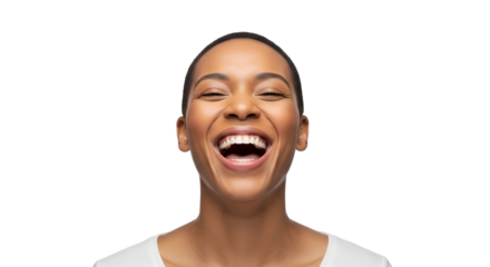 Radiant Smile of Young African Woman Expressing Joyful Emotion on Transparent Background Portrait of a woman laughing wholeheartedly showcasing happiness and positive feelings