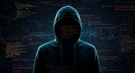 A shadowy figure in a hooded sweatshirt, against a background of digital code, implying hacking