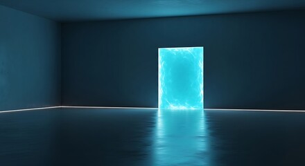Empty dark room glowing bright blue rectangular portal illuminating floor wall surfaces