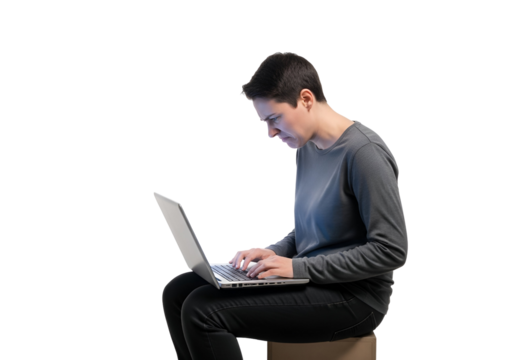 Focused Woman Using Laptop on Transparent Background Dark Mode Interface Female Typing Away on Portable Computer for Website Design or Social Media Content Creation Productive