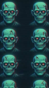 Retro video style with a glitch effect featuring repeated skulls. Front-facing angle enhances the eerie, digital distortion theme. Live mobile wallpaper.