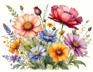 A vibrant watercolor painting featuring diverse wildflowers in full bloom