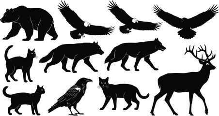 Wild animal silhouette vector set, forest creature illustration, flying bird and walking beast icons, editable black graphic, nature themed design