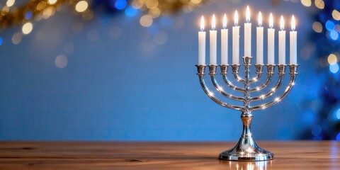 Elegant silver menorah with nine lit candles for Hanukkah. Jewish holiday celebration with a festive blue bokeh background and copy space