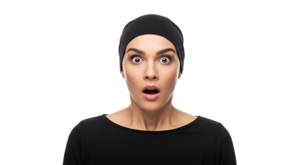 Surprised Woman With Mouth Open In Black Clothes Studio Portrait Isolated on Transparent Background Young female model with wide eyes shows shock emotion dramatic expression