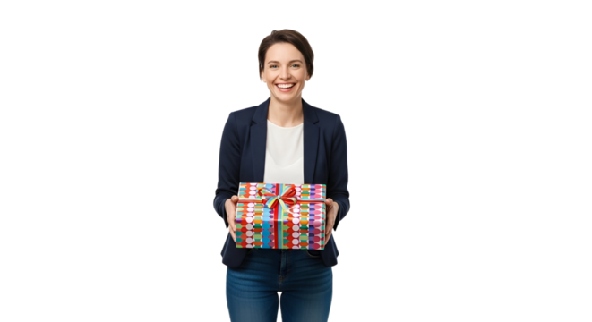 Cheerful Woman with Birthday Present in Colorful Wrapping Paper Isolated Showing Celebration Happiness and Festive Spirit Ready to Share a Gift Transparent background - Powered by Adobe