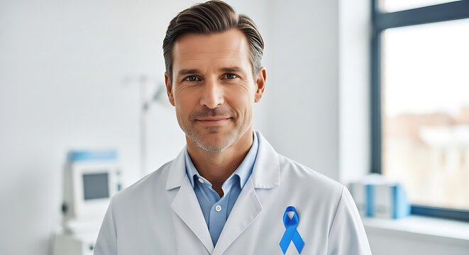 Confident doctor supporting prostate cancer awareness with blue ribbon in modern clinic