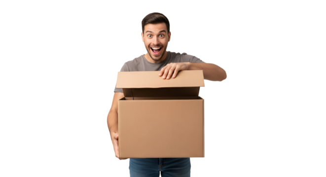 Excited man opening a cardboard box with a surprised expression delivery or unboxing concept with transparent background happy customer receiving package new product experience