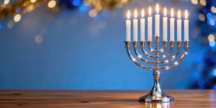 Elegant silver menorah with nine lit candles for Hanukkah. Jewish holiday celebration with a festive blue bokeh background and copy space