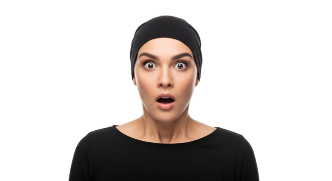 Surprised Woman With Mouth Open In Black Clothes Studio Portrait Isolated on Transparent Background Young female model with wide eyes shows shock emotion dramatic expression