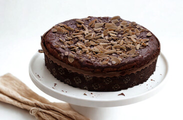 Decadent chocolate cake with shaved chocolate topping on a white cake stand
