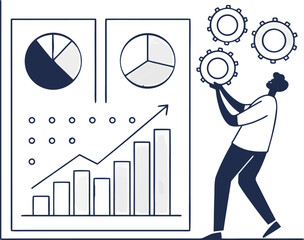Person holding gears next to a chart with pie graphs and bar graphs showing upward trend analysis