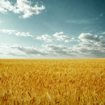 Golden wheat field under a cloudy blue sky