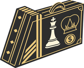 Illustration of a black briefcase with a chess piece crown and dollar sign in gold color design