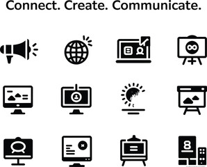 Black and white communication icons illustrating connect create and communicate concept art design