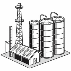 Industrial facility with storage tanks a refinery tower and a processing building