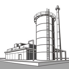Industrial facility with large storage tanks and a tall smokestack against a white background