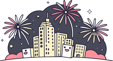 Cartoon cityscape at night with fireworks and smiling buildings under a starry sky celebration scene
