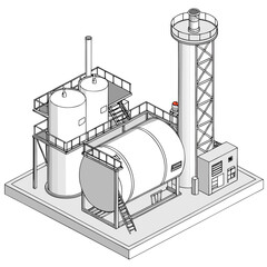 Industrial facility with storage tanks a tall tower and control panel in a clean isometric illustration © RUJINA