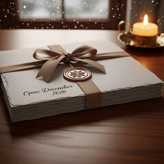 Anticipation awaits package tied with ribbon bearing winter message