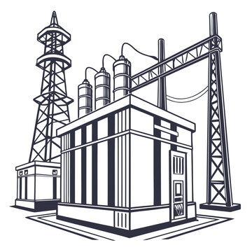 Industrial power substation with electrical transmission towers and transformers on a white background