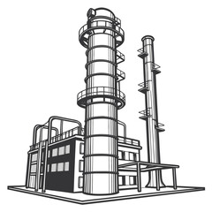Industrial factory building with tall towers and pipes illustration in black and white