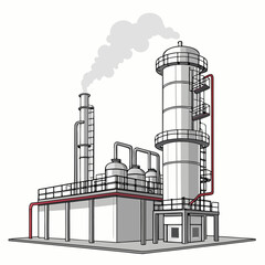 Industrial chemical plant with tall distillation towers and smoke billowing from a smokestack