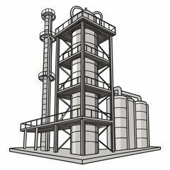 Industrial plant with tall towers and storage tanks in a simplified graphic style