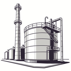 Industrial complex with large storage tanks and a tall smokestack against a white background