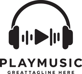 Black headphones with play button and sound waves logo on white background audio music