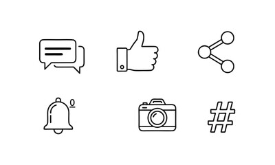 Social Media and Communication Line Icons – Like, Chat and Camera Vector Set