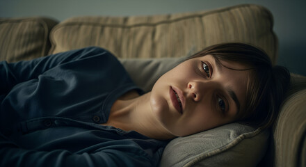 Young woman laying on couch looking contemplative indoors  