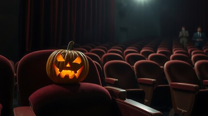 A jack o lantern sits on a red velvet seat in a darkened movie theater with rows of empty seats