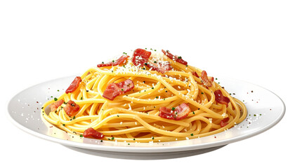 Plate of creamy carbonara spaghetti with bacon and cheese isolated on transparent background PNG