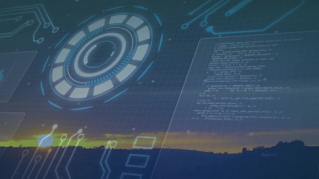 Schematic forming at sunset with HUD spinning pulsing code panel scrolling for interface startup