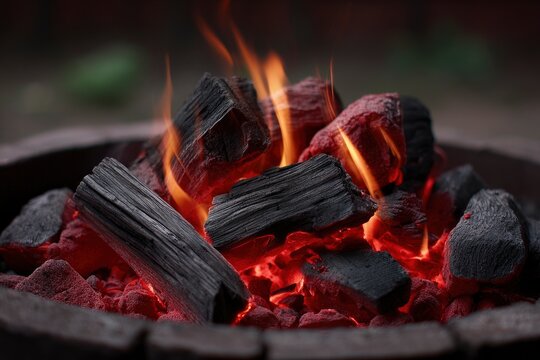 Glowing coals and flames fill a fire pit with charcoal pieces visible - Powered by Adobe