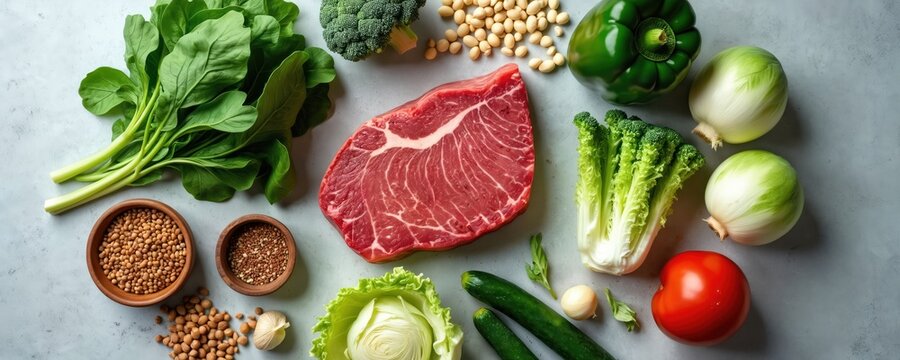 Raw beef steak, fresh vegetables assortment arranged on gray surface. Includes leafy greens, broccoli, bell pepper, tomato, cucumber, onions, lentils, chickpeas, grains. Balanced nutrition concept