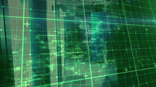 Translucent green grid overlay appearing over metallic corridor while scanning wireframe details
