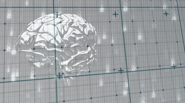 3D grid interface starting and turning holographic brain while streaming binary data for analysis
